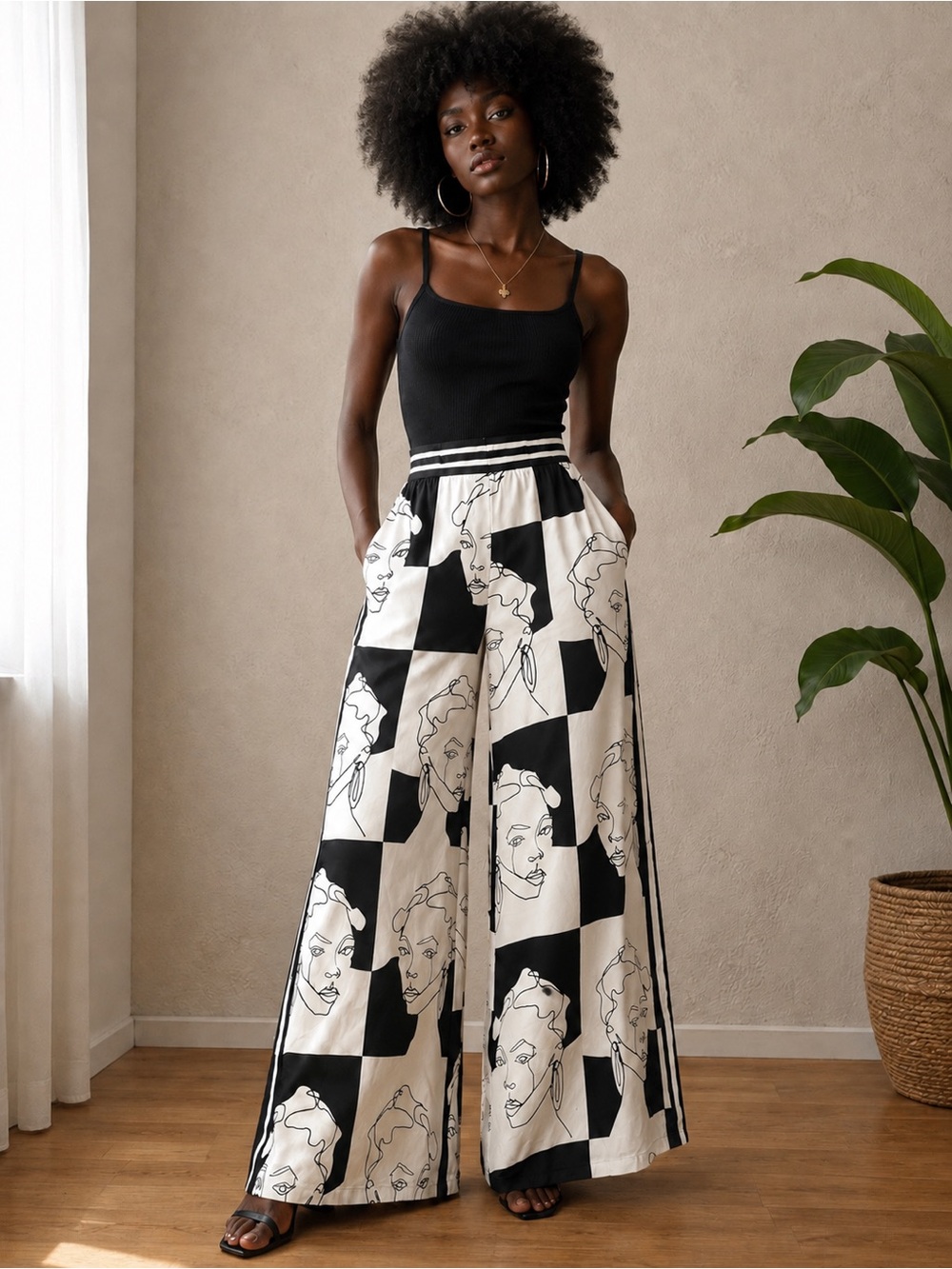 Gabrielle Union Black & White Wide-Leg Graphic Palazzo Pants